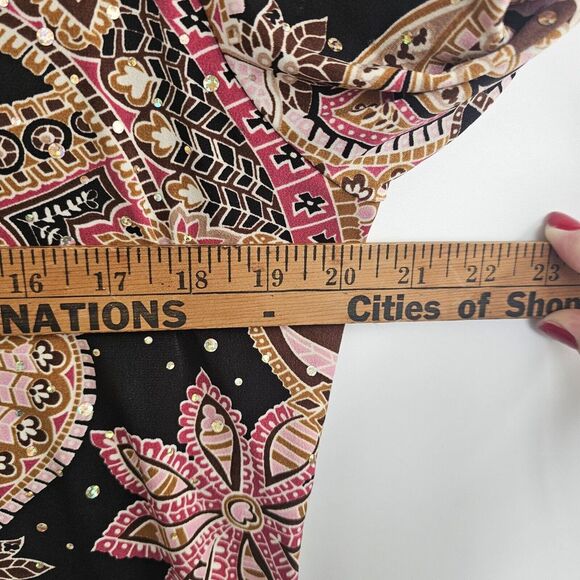 VTG XL Babydoll Top 3/4 Sleeve Brown Pink Sequin Paisley Asymmetrical Fairy Y2K‎ - Picture 6 of 7